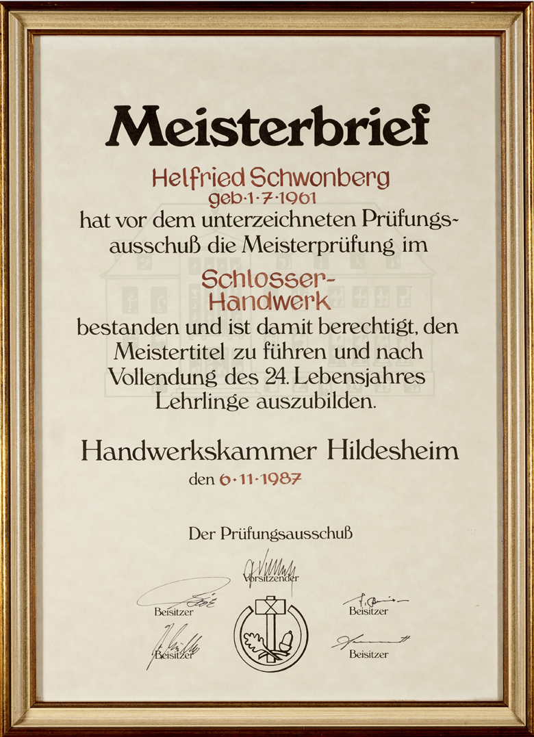 Meisterbrief Helfried Schwonberg