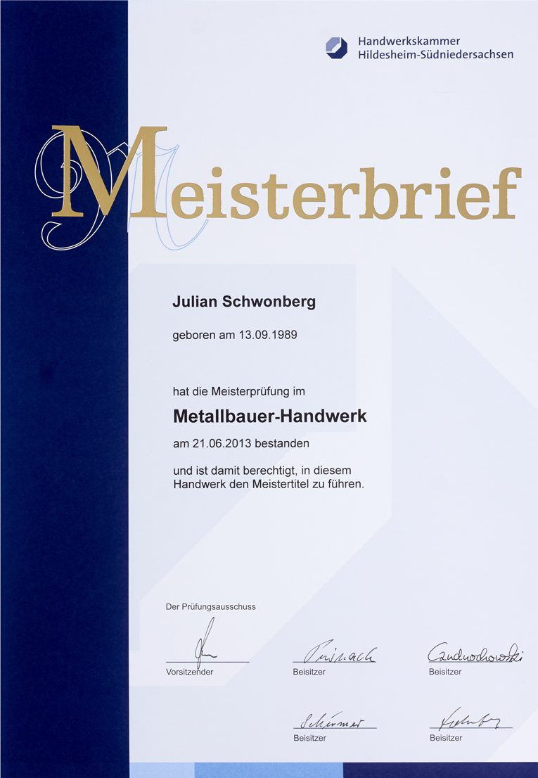 Meisterbrief Julian Schwonberg