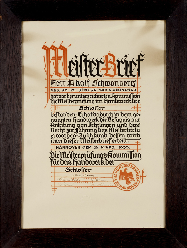 Meisterbrief Adolf Schwonberg